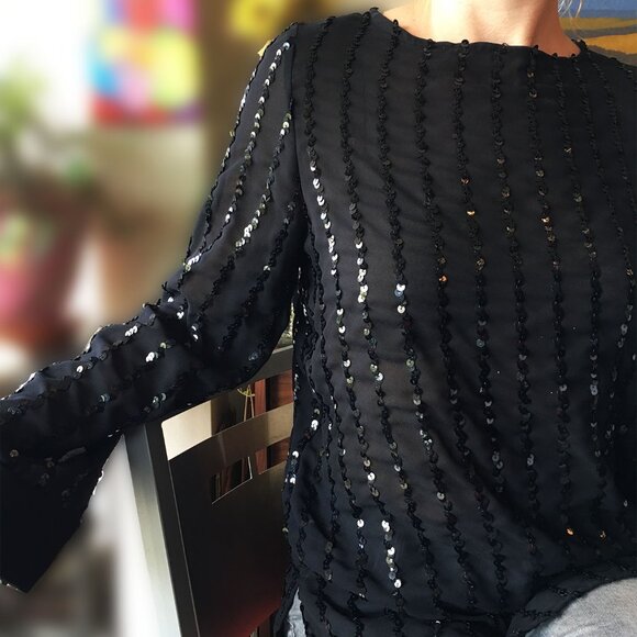 Vintage 1980s Long Sleeve Sheer Black Sequin Evening Blouse -- Not Too Sheer. - Picture 3 of 11